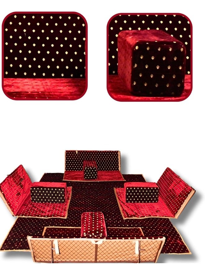 سمارت هوم مجموعة جلوس أرضية تراثية مكونة من 9 قطع مناسبة للسفر والرحلات البرية والحديقة , طقم فرشة تخييم ارضية مع اربع مراكى و 4 كراسي وبساط من القماش عالي الجودة يكفي ل 8 أشخاص (قماش تركي) - Image 1