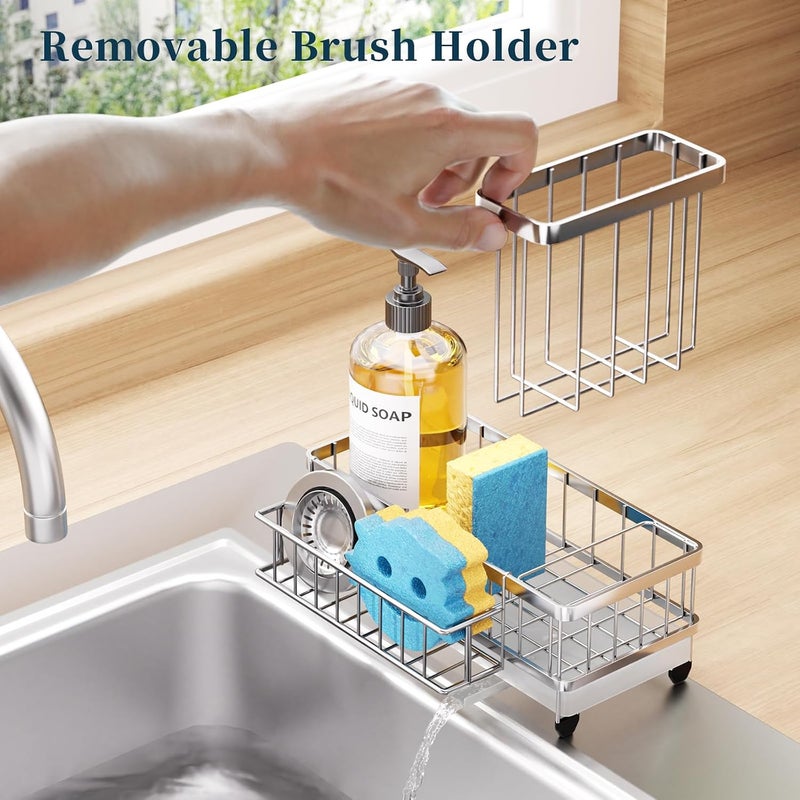 Consumest Consuemst Sponge Holder for Kitchen Sink - Auto Draining Sink Caddy Organizer with Detachable Rack, High Brush Holder, Kitchen Countertop Storage Accessories, Silver - Image 3