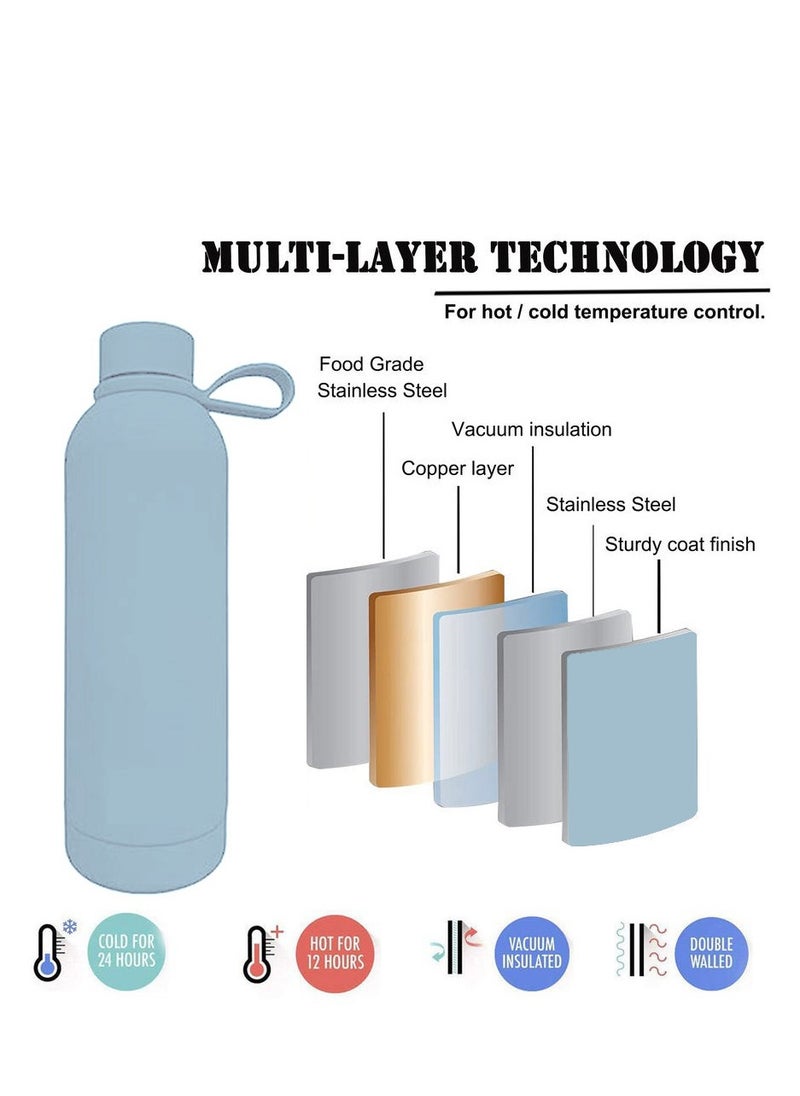 JoyousSto Stainless Steel  insulated Thermos soft touch with neck tags travel water bottle Long Lasting Hot or Cold Drinks light blue 500ml  - Image 2