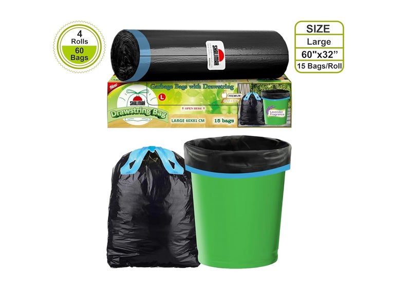 shalimar Shalimar Premium Drawstring Garbage BagsLavender Fragrance Size 24 X 32 Inches Large 60 Bags 4 Rolls Dustbin BagTrash Bag Black Color  - Image 4