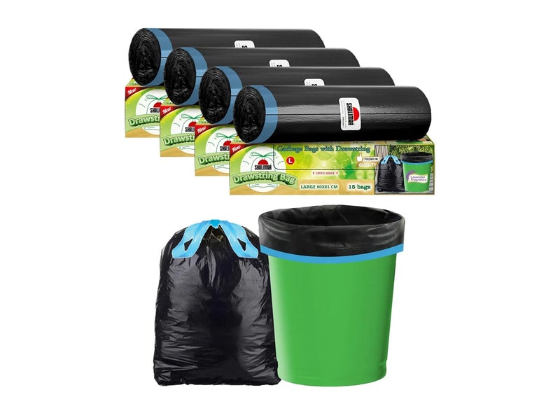 shalimar Shalimar Premium Drawstring Garbage BagsLavender Fragrance Size 24 X 32 Inches Large 60 Bags 4 Rolls Dustbin BagTrash Bag Black Color  - Image 1