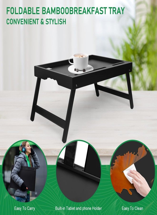 Artmeer Breakfast Tray, Folding Bamboo Table with Handles, Media Slot, Laptop Desk, Black - Image 3