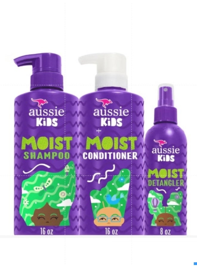 Aussie Kids Hair Care Bundle Set Including: Shampoo (16 Fl Oz), Conditioner (16 Fl Oz) & Detangler Spray (8 Fl Oz), Paraben- Freem Sulfate-Free, Dye-Free, Cruelty-Free, Tangle-Free Styling
