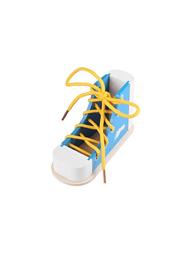 NUOBESTY Learn to Tie Shoes Wooden Lacing Shoe Toy Shoelaces Tying Toy Teaching Kit for Kids, Blue - Image 1