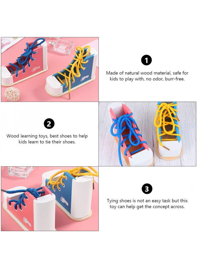 NUOBESTY Learn to Tie Shoes Wooden Lacing Shoe Toy Shoelaces Tying Toy Teaching Kit for Kids, Blue - Image 4
