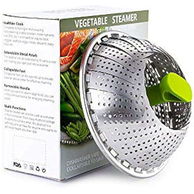 سلة بخار للخضراوات من الفولاذ المقاوم للصدأ، سلة بخار قابلة للطي للخضراوات والأسماك والمأكولات البحرية والطبخ للأعشاب والدجاج واللحوم والخضروات مع قفازات فرن 9 بوصة - Image 1