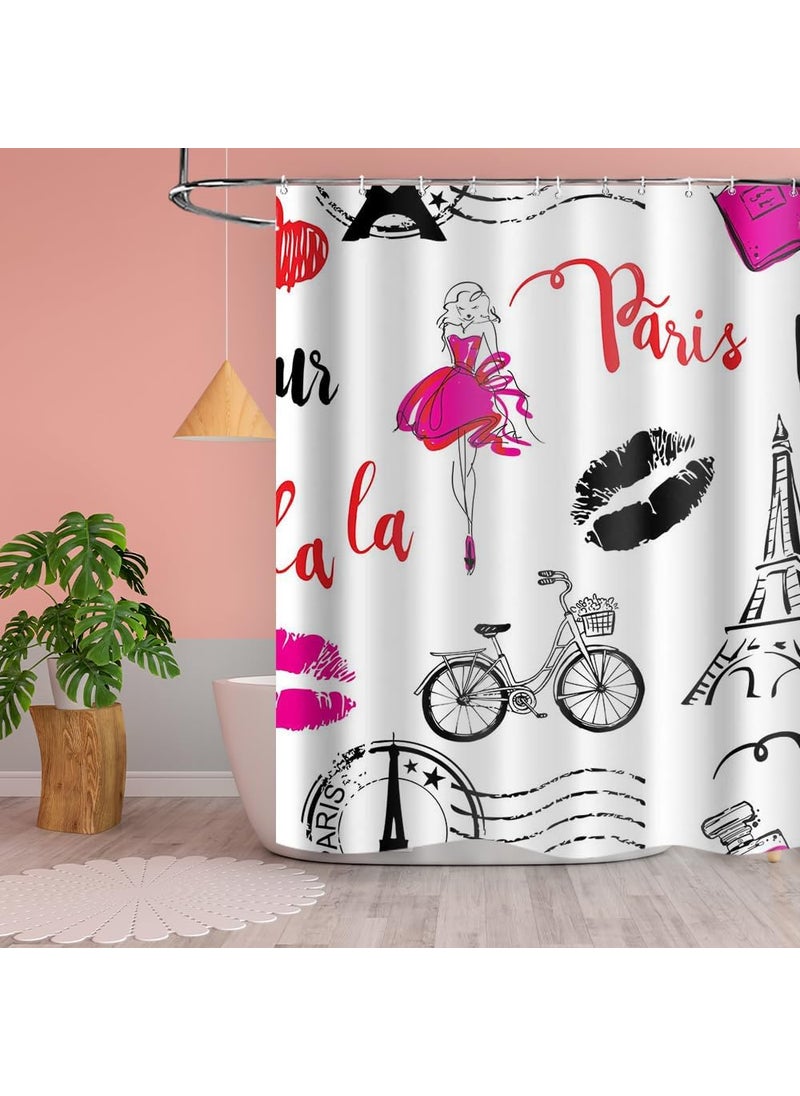 Ticuenicoa Ticuenicoa Paris Eiffel Tower Shower Curtain Pink Modern Girls Fashion Women Bicycle Book Perfume Makeup Curtains for Bathroom Waterproof Fabric with 12 Hooks Sets 72x72 Inches  - Image 2