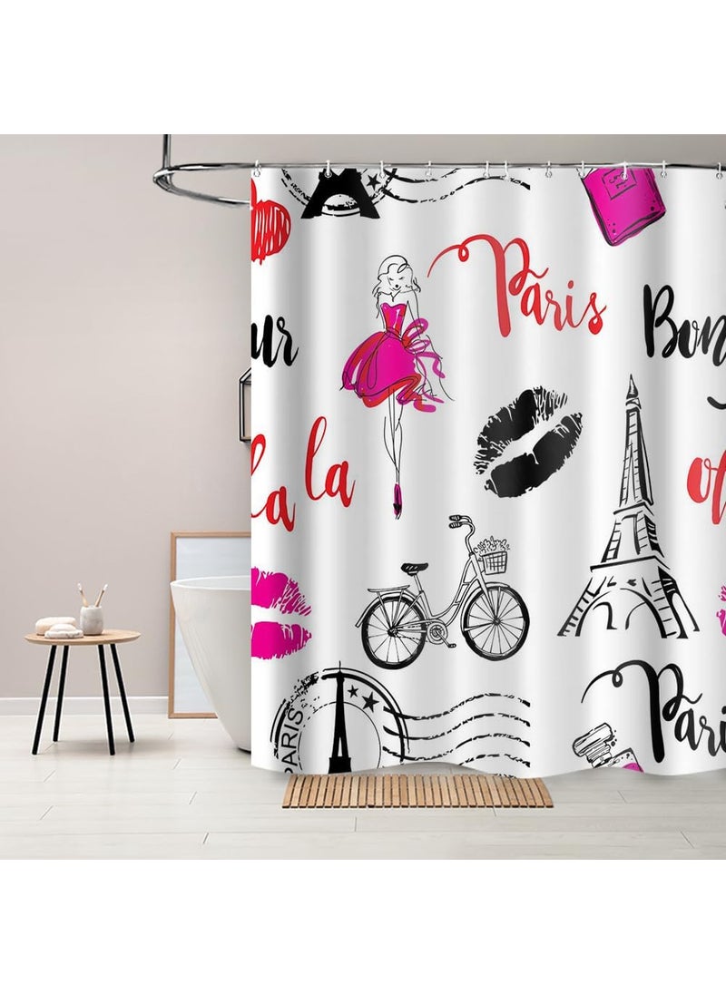 Ticuenicoa Ticuenicoa Paris Eiffel Tower Shower Curtain Pink Modern Girls Fashion Women Bicycle Book Perfume Makeup Curtains for Bathroom Waterproof Fabric with 12 Hooks Sets 72x72 Inches  - Image 1