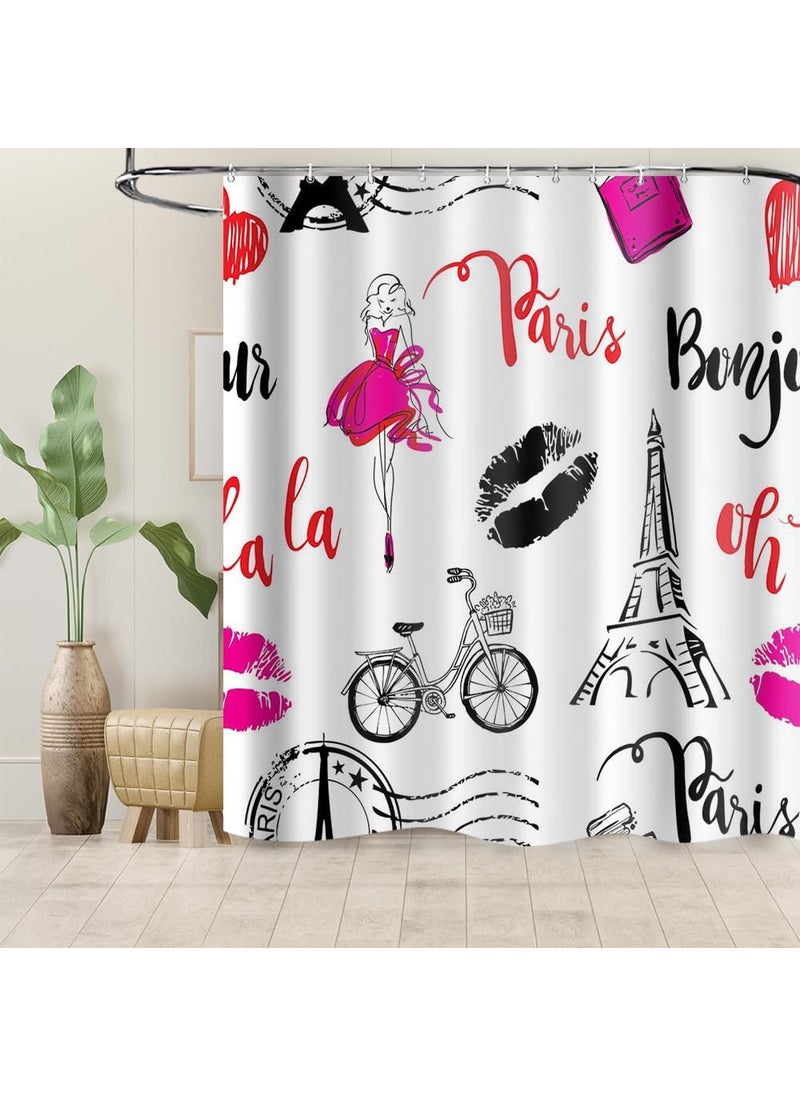 Ticuenicoa Ticuenicoa Paris Eiffel Tower Shower Curtain Pink Modern Girls Fashion Women Bicycle Book Perfume Makeup Curtains for Bathroom Waterproof Fabric with 12 Hooks Sets 72x72 Inches  - Image 3