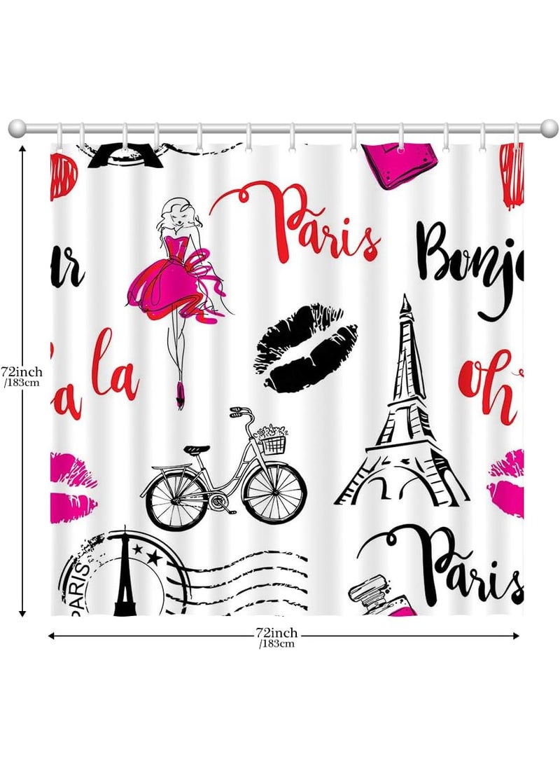 Ticuenicoa Ticuenicoa Paris Eiffel Tower Shower Curtain Pink Modern Girls Fashion Women Bicycle Book Perfume Makeup Curtains for Bathroom Waterproof Fabric with 12 Hooks Sets 72x72 Inches  - Image 5
