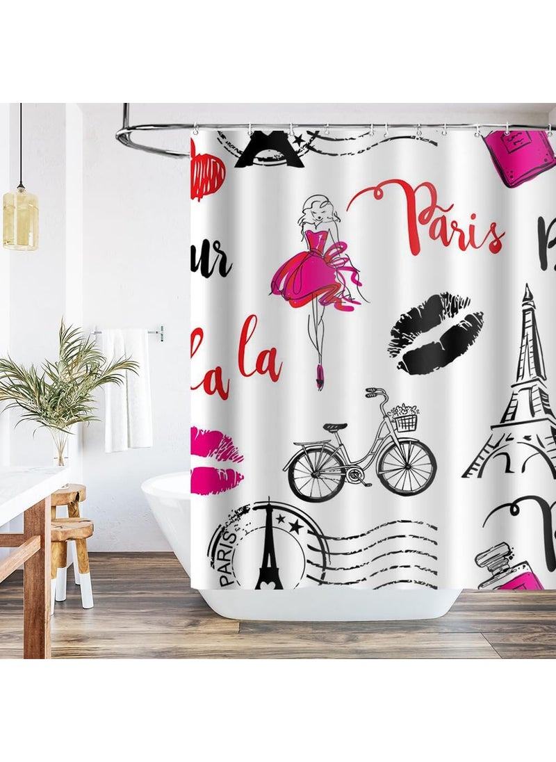 Ticuenicoa Ticuenicoa Paris Eiffel Tower Shower Curtain Pink Modern Girls Fashion Women Bicycle Book Perfume Makeup Curtains for Bathroom Waterproof Fabric with 12 Hooks Sets 72x72 Inches  - Image 4