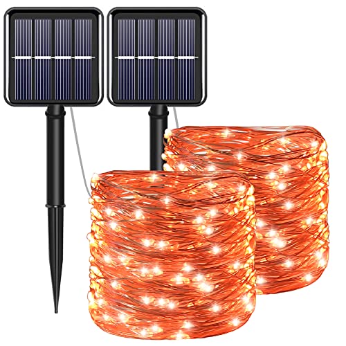 YAOZHOU Fall Outdoor Decorations, Orange Solar String Lights Outdoor, 2Pack Total 200 LED Fairy Fall Lights Thanksgiving Halloween Decor, 8 Modes Waterproof for Porch, Garden, Patio, Fence, Balcony - Image 1