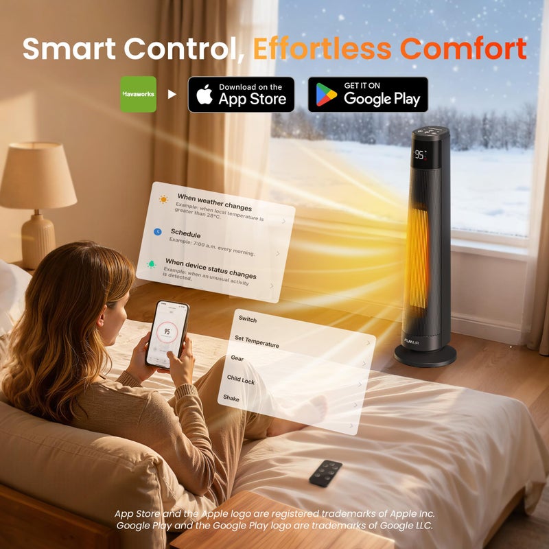 FLANUR 1500W PTC Ceramic Smart Space Heaters for Indoor Use, Portable Heater with Remote & App Control for Large Room, Office, ECO Modes, Safety Protection, 70Â° Oscillation, 12H Timer, Black, 1 Pack - Image 3