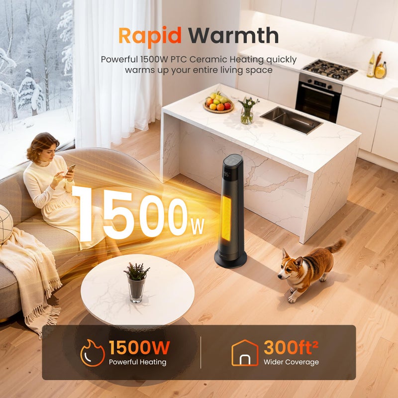 FLANUR 1500W PTC Ceramic Smart Space Heaters for Indoor Use, Portable Heater with Remote & App Control for Large Room, Office, ECO Modes, Safety Protection, 70Â° Oscillation, 12H Timer, Black, 1 Pack - Image 2