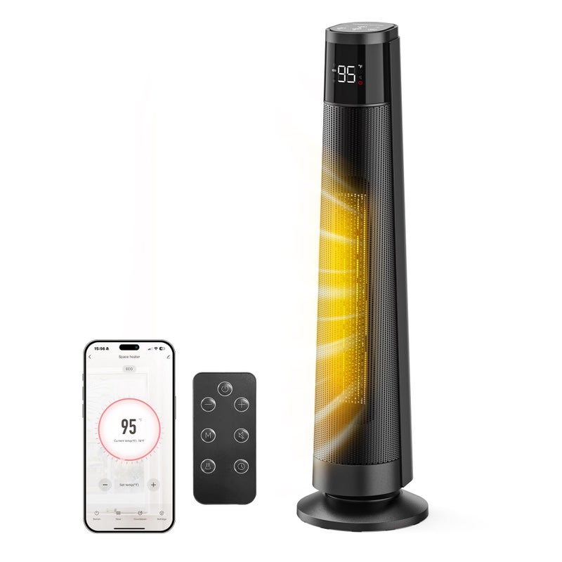 FLANUR 1500W PTC Ceramic Smart Space Heaters for Indoor Use, Portable Heater with Remote & App Control for Large Room, Office, ECO Modes, Safety Protection, 70Â° Oscillation, 12H Timer, Black, 1 Pack - Image 1