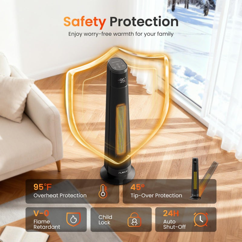 FLANUR 1500W PTC Ceramic Smart Space Heaters for Indoor Use, Portable Heater with Remote & App Control for Large Room, Office, ECO Modes, Safety Protection, 70Â° Oscillation, 12H Timer, Black, 1 Pack - Image 5
