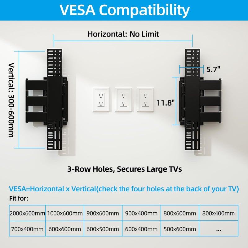 HOME VISION Heavy Duty Full Motion TV Wall Mount Bracket for 48-120 Inch Flat/Curved TVs, 200Lbs Capacity, Low Profile Ultra Slim Design with Swivel/Tilt, Corner Large Dual Arm, Max VESA 2000x600mm - Image 5