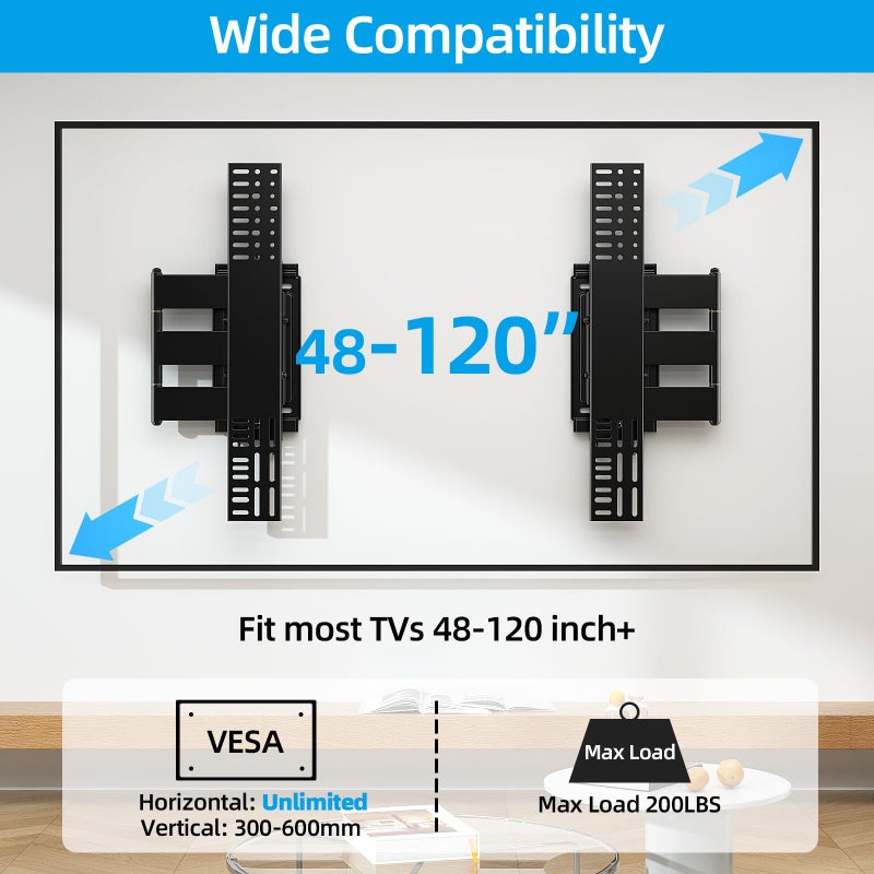 HOME VISION Heavy Duty Full Motion TV Wall Mount Bracket for 48-120 Inch Flat/Curved TVs, 200Lbs Capacity, Low Profile Ultra Slim Design with Swivel/Tilt, Corner Large Dual Arm, Max VESA 2000x600mm - Image 2