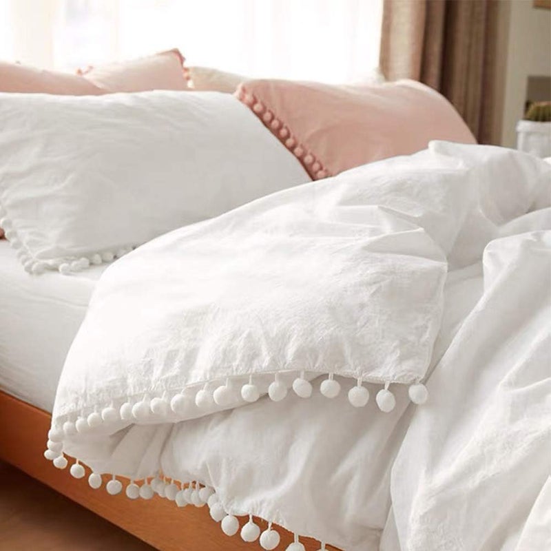 ETDIFFE Pom Pom Duvet Cover Queen Size  3 Piece Boho Bohemian Farmhouse Microfiber Bedding Comforter Cover Set  Soft and Lightweight Quilt Cover Solid White Pompom