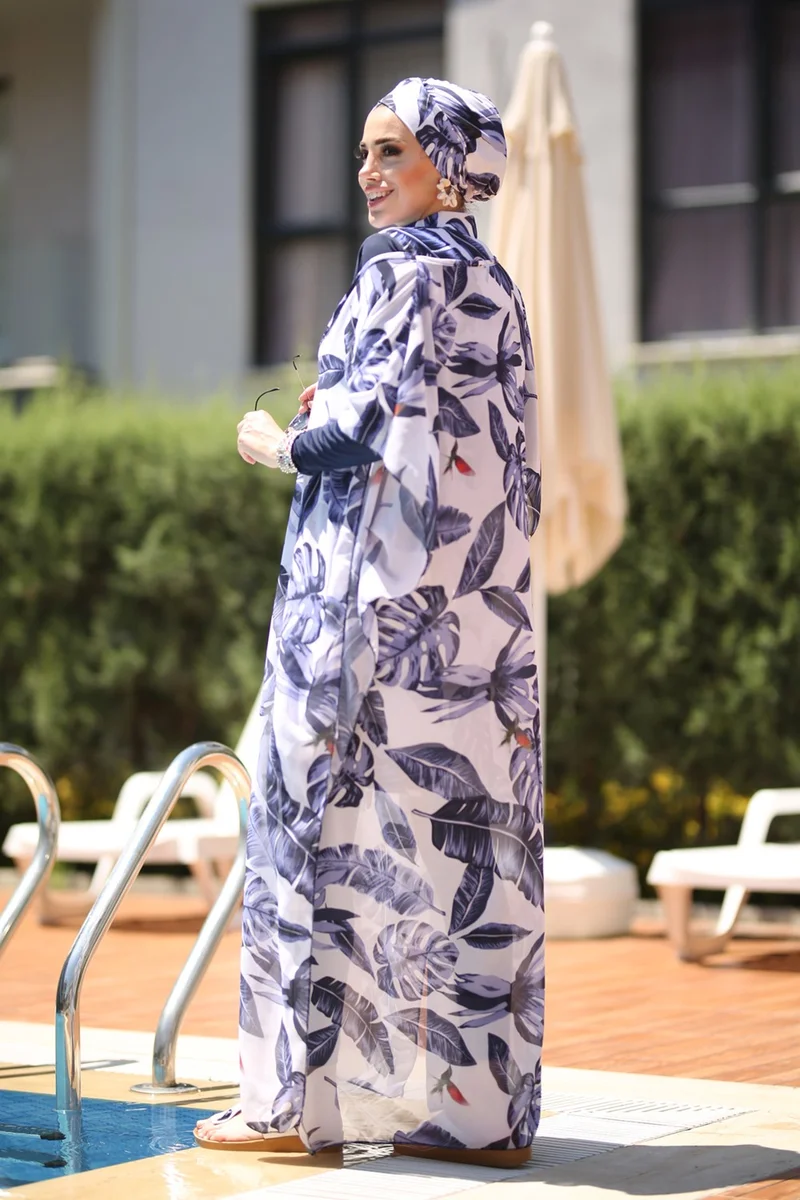 Remsa Mayo Hijab Swimsuit Patterned Single Kaftan Pareo Blue Leaves