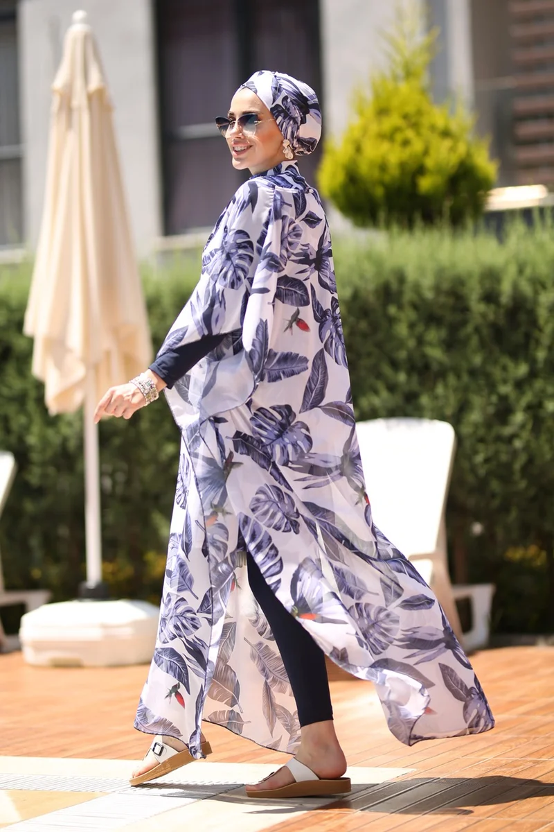 Remsa Mayo Hijab Swimsuit Patterned Single Kaftan Pareo Blue Leaves