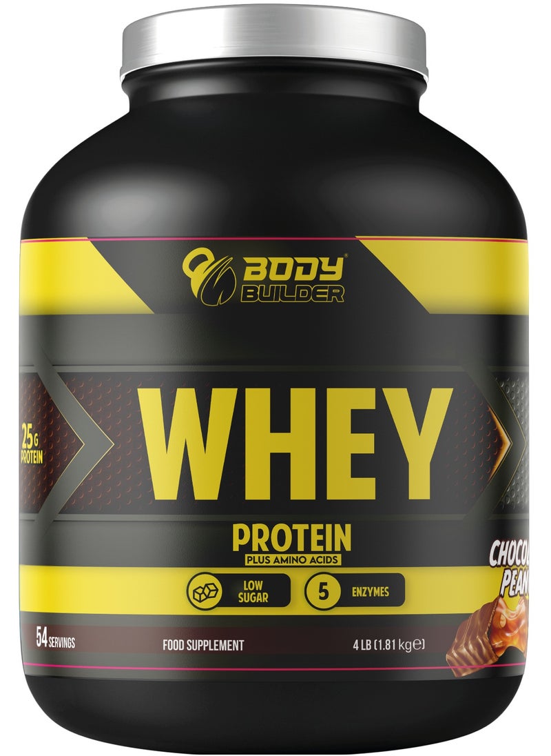 Body Builder بروتين واي 100% لبناة الأجسام - 25 جرام بروتين، BCAAs، جلوتامين، إنزيمات هضمية (4 رطل، شوكولاتة بالفول السوداني)  - Image 1