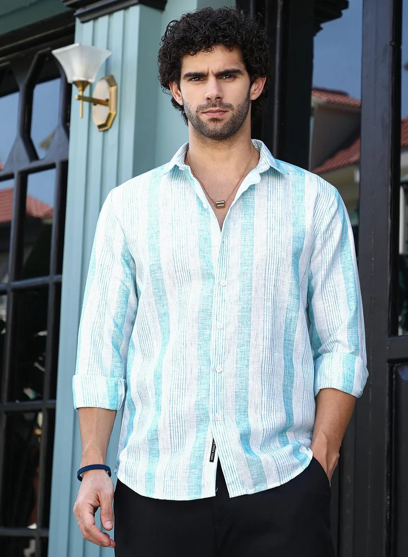 كامبوس سوترا قميص رجالي أزرق سماوي مخطط رفيع بياقة عريضة وأكمام طويلة بأزرار