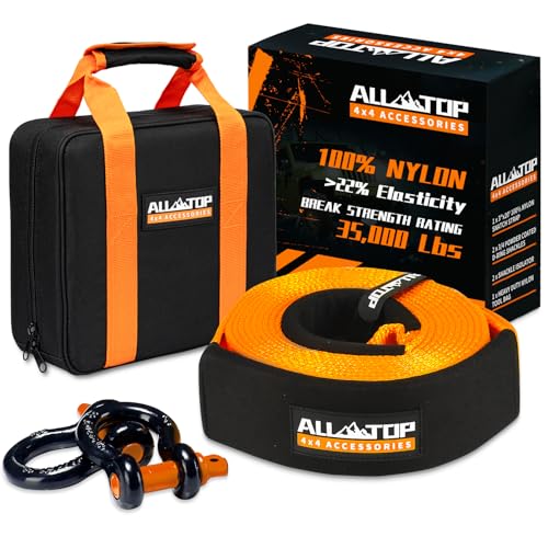 ALL-TOP Heavy Duty Tow Strap Recovery Kit: 3 inch x 20ft (35,000lbs) 100% Nylon and 22% Elongation Snatch Strap + 3/4 Heavy Duty D Ring Shackles (2pcs) + Storage Bag - Image 1