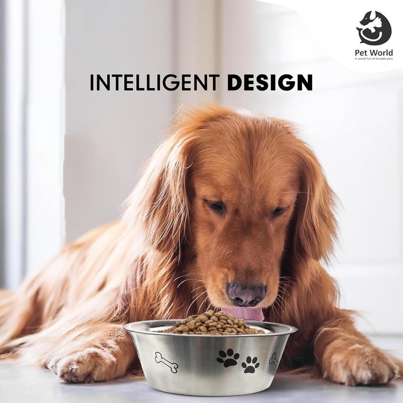 Pet World Feeding Bowl 1600ml | Stainless Steel with Pattern | for Dogs & Cats | Durable & Lightweight Feel | Scratch and Rust-Free | Non-Slip Ring at The Base | 1600ml - Image 3