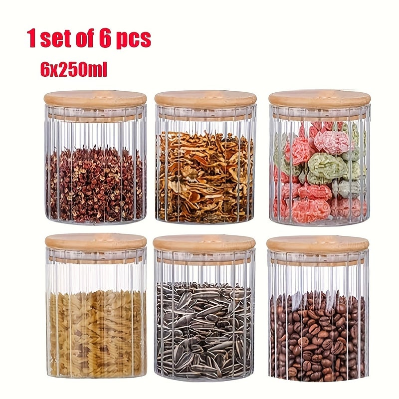 6pcs Vertical Striped Storage Jars with High Borosilicate Glass Body, Natural Wood Lids, Sealing Ring, Moistureproof and Dustproof, 250ml Capacity, Kitchen Storage Jars for Grains, Coffee Beans, Herbs, Snacks, Pasta, Scandinavian Style - Image 1