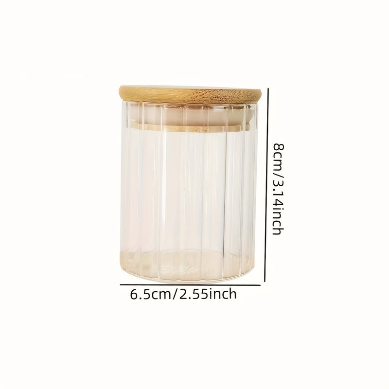 6pcs Vertical Striped Storage Jars with High Borosilicate Glass Body, Natural Wood Lids, Sealing Ring, Moistureproof and Dustproof, 250ml Capacity, Kitchen Storage Jars for Grains, Coffee Beans, Herbs, Snacks, Pasta, Scandinavian Style - Image 2