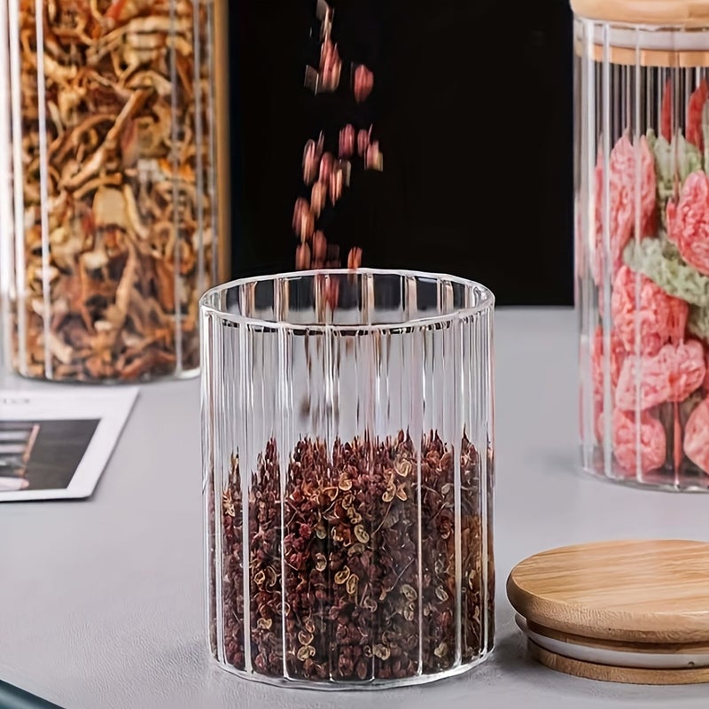 6pcs Vertical Striped Storage Jars with High Borosilicate Glass Body, Natural Wood Lids, Sealing Ring, Moistureproof and Dustproof, 250ml Capacity, Kitchen Storage Jars for Grains, Coffee Beans, Herbs, Snacks, Pasta, Scandinavian Style - Image 4
