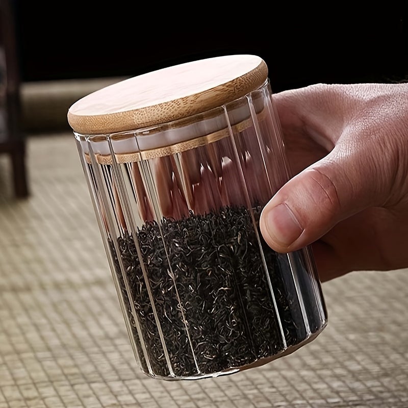 6pcs Vertical Striped Storage Jars with High Borosilicate Glass Body, Natural Wood Lids, Sealing Ring, Moistureproof and Dustproof, 250ml Capacity, Kitchen Storage Jars for Grains, Coffee Beans, Herbs, Snacks, Pasta, Scandinavian Style - Image 5