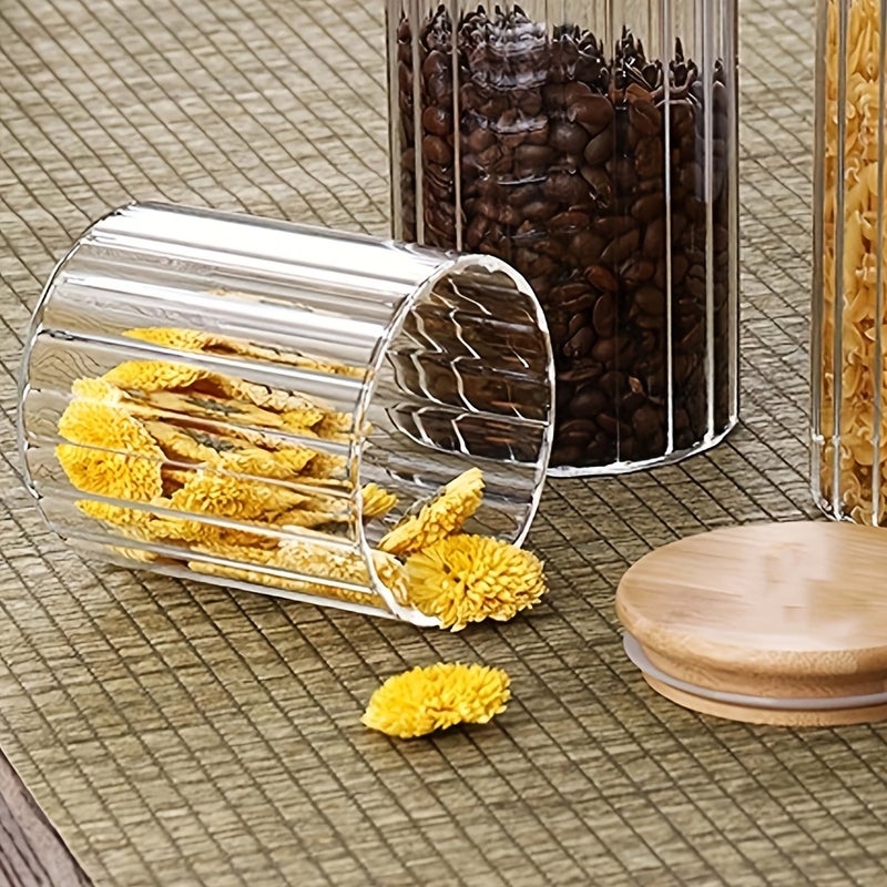 6pcs Vertical Striped Storage Jars with High Borosilicate Glass Body, Natural Wood Lids, Sealing Ring, Moistureproof and Dustproof, 250ml Capacity, Kitchen Storage Jars for Grains, Coffee Beans, Herbs, Snacks, Pasta, Scandinavian Style - Image 3