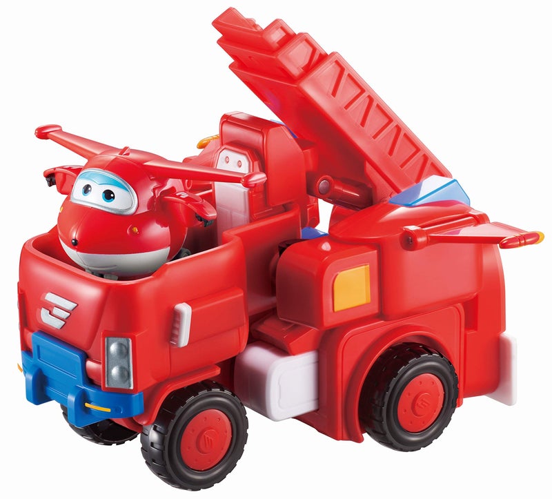 Super Wings Jett 7" Tall Superwings Jett Robot Suit and 2” Scale Transforming Jett Mini Figure , Transforming Robot & Transforming Fire Truck Toy Vehicle Playset, Gifts for Boys Girls Kids Child - Image 1