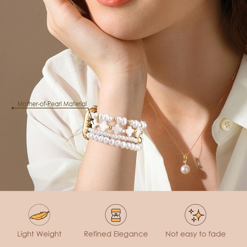 AIRSPO Beaded Bracelet Compatible with Apple Watch Bands 38mm 40mm 41mm 42mm 44mm 45mm Women, Mother-of-Pearl Bead Watch Strap iPhone Watch Bands for iWatch Series 11 10 9 SE 8 7 6 5 4 3 2 1 - Image 4