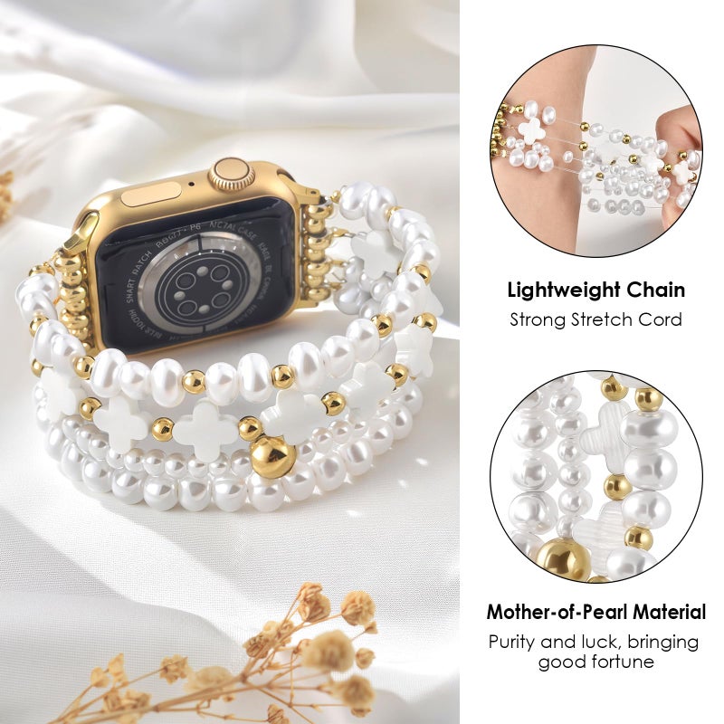 AIRSPO Beaded Bracelet Compatible with Apple Watch Bands 38mm 40mm 41mm 42mm 44mm 45mm Women, Mother-of-Pearl Bead Watch Strap iPhone Watch Bands for iWatch Series 11 10 9 SE 8 7 6 5 4 3 2 1 - Image 2