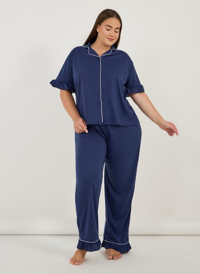 Styli Plus Size Ruffle Hem Contrast Piping Short Sleeve Shirt & Pyjama Set - Image 1