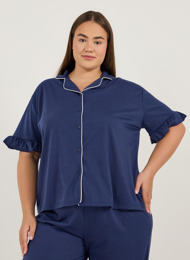 Styli Plus Size Ruffle Hem Contrast Piping Short Sleeve Shirt & Pyjama Set - Image 2