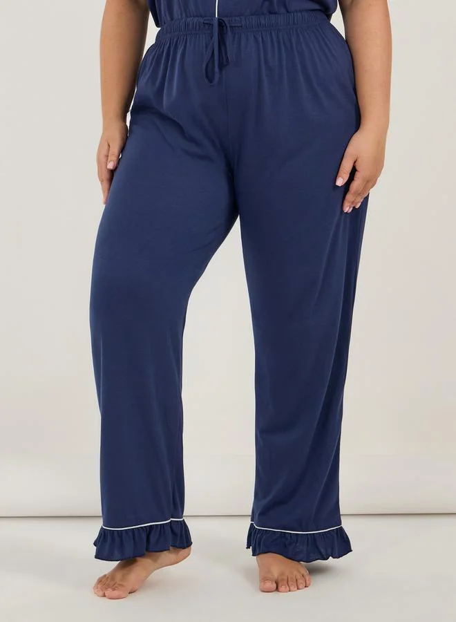 Styli Plus Size Ruffle Hem Contrast Piping Short Sleeve Shirt & Pyjama Set