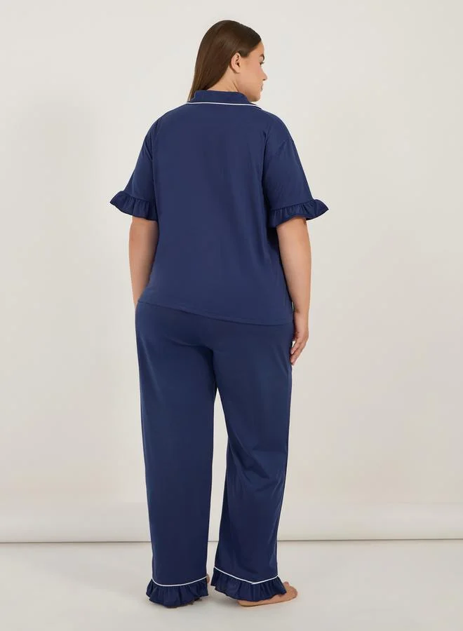 Styli Plus Size Ruffle Hem Contrast Piping Short Sleeve Shirt & Pyjama Set