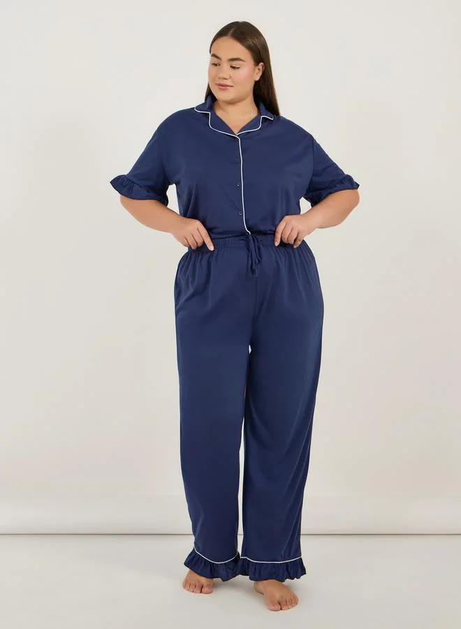 Styli Plus Size Ruffle Hem Contrast Piping Short Sleeve Shirt & Pyjama Set