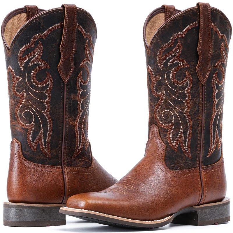 IUV Women's Leather Western Boots Square Toe Cowboy Boots for women Mid Calf Classic Cowgirl Boots Genuine leather toe and heel, textured sheepskin shaft - Image 2