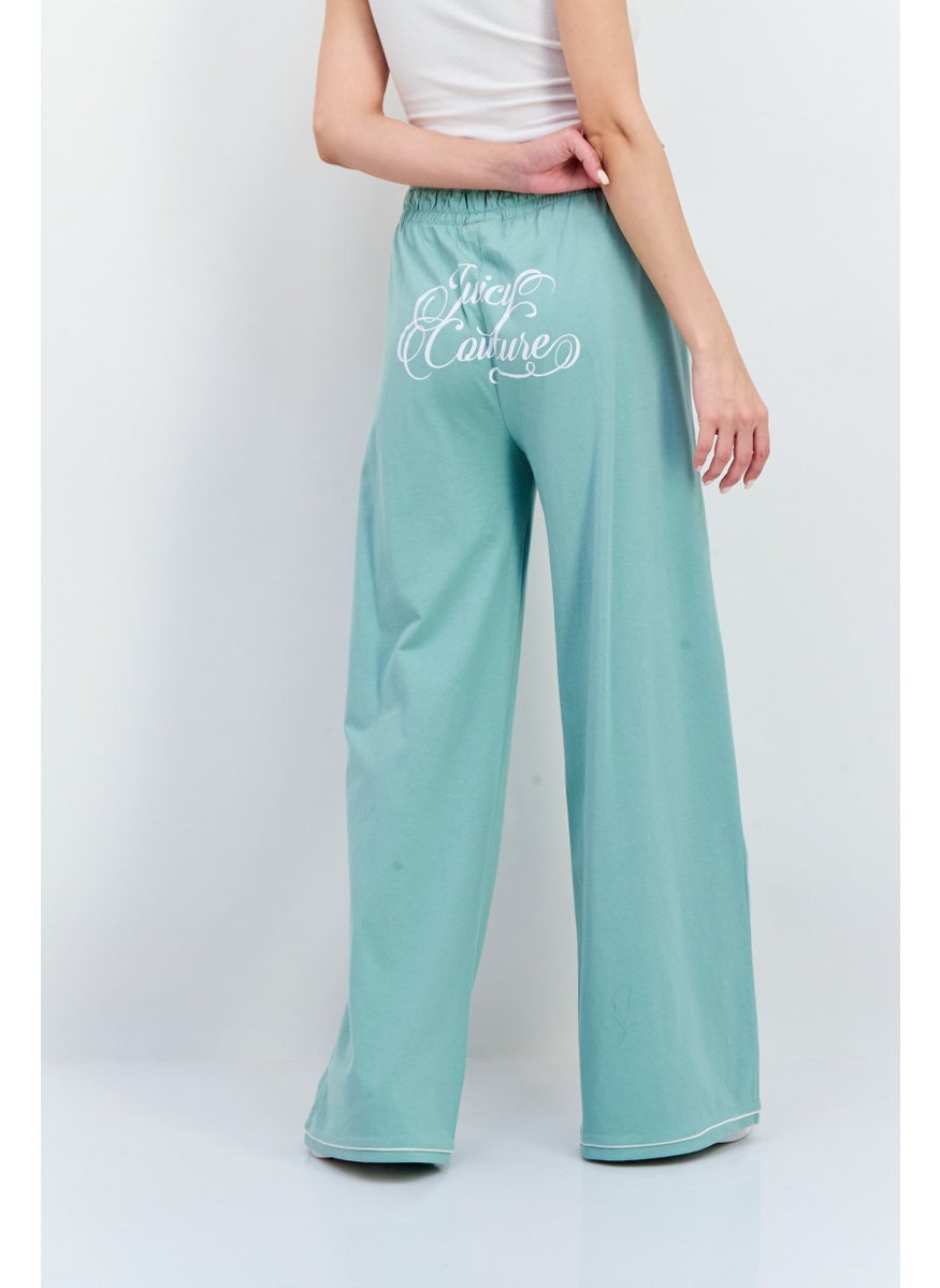 Juicy Couture Women Regular Fit Wide Leg Brand Logo Palazo  Pants, Sage Green  - Image 3