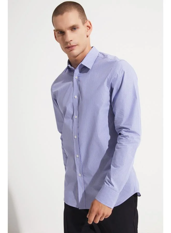 JUNE June MenSlim Fit Long Sleeve Striped Shirt Dark Blue - White