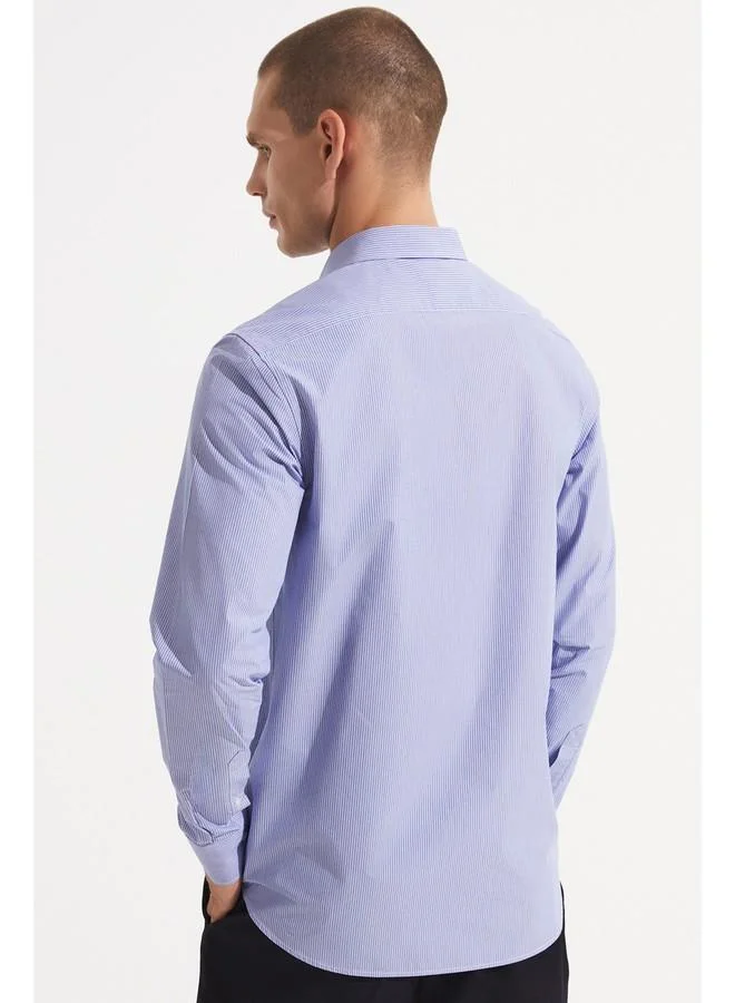 JUNE June MenSlim Fit Long Sleeve Striped Shirt Dark Blue - White