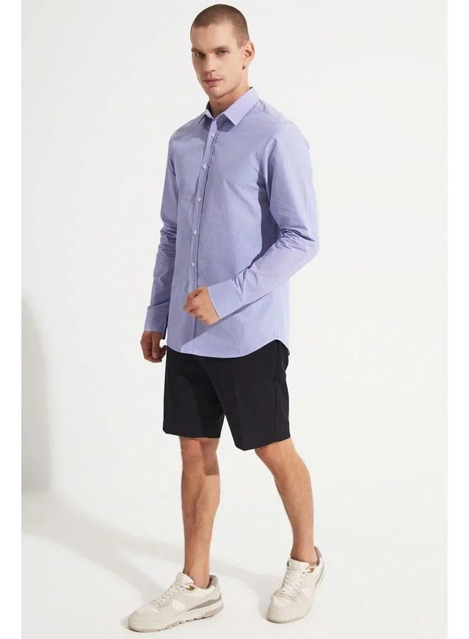 JUNE June MenSlim Fit Long Sleeve Striped Shirt Dark Blue - White