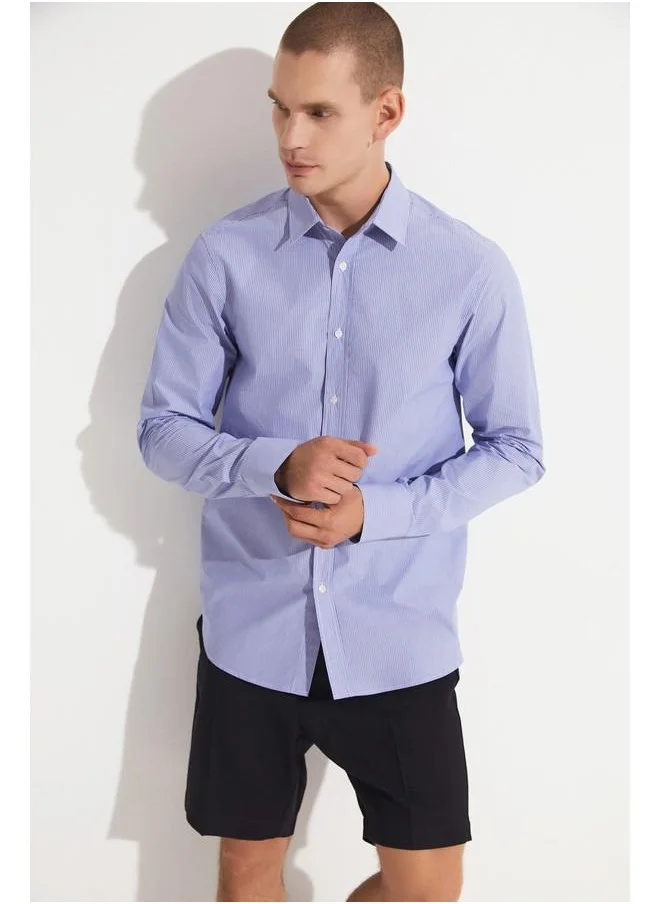 جون June MenSlim Fit Long Sleeve Striped Shirt Dark Blue - White