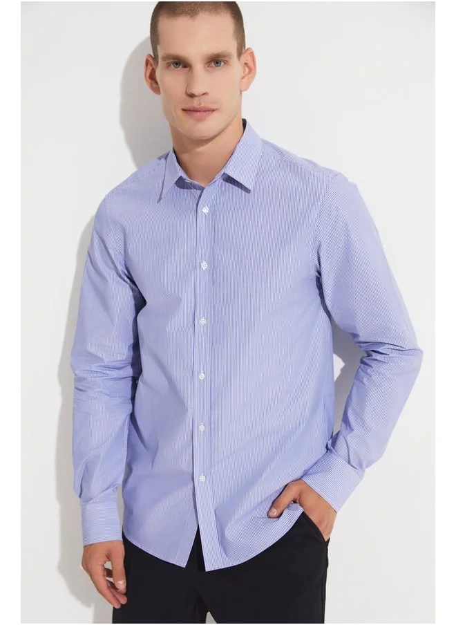 JUNE June MenSlim Fit Long Sleeve Striped Shirt Dark Blue - White