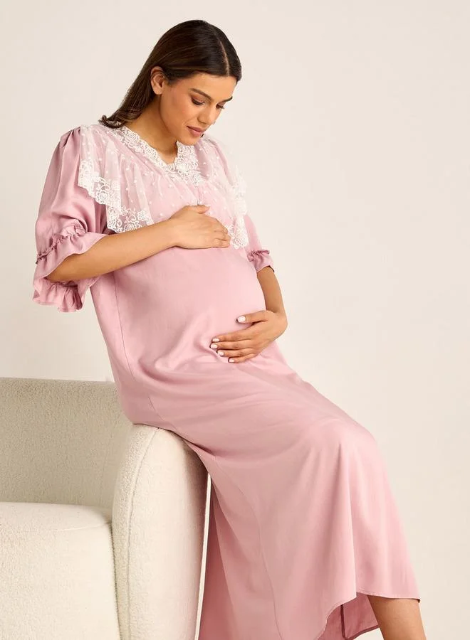 سبلاش فيڤ قميص نوم للحوامل بتفاصيل دانتيل وأكمام 3/4